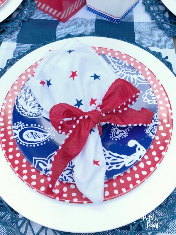 red, white and blue plates and napkins