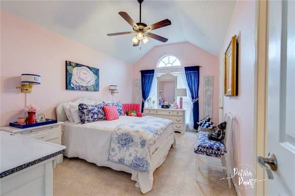 Pink and navy guest room