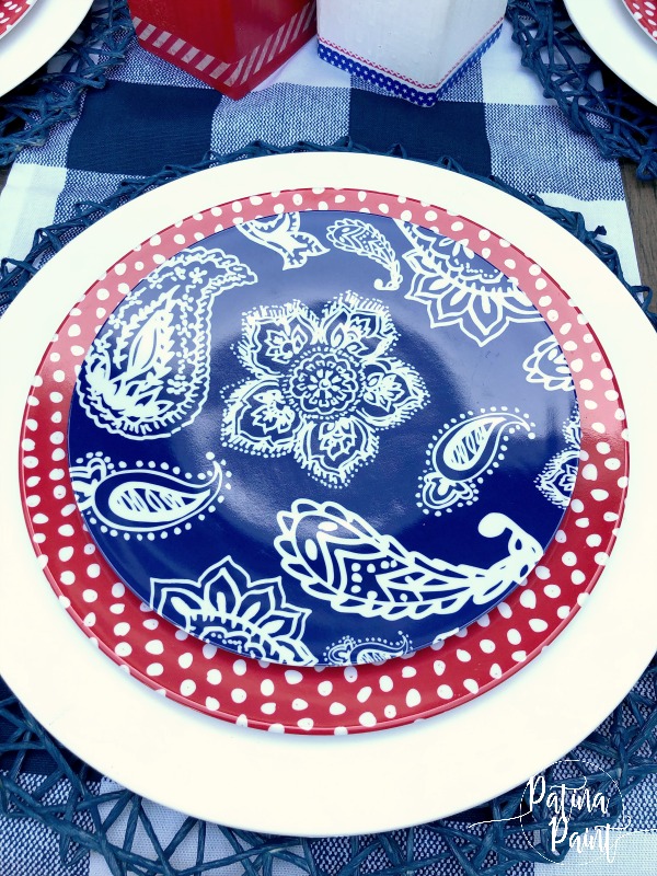 red, white and blue plates