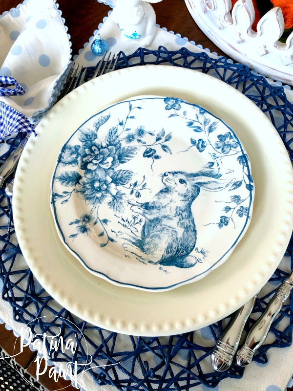 blue and white bunny plate, place setting