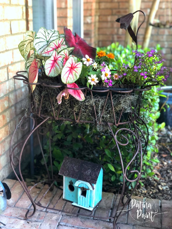 Flowers, planter, birdhouse