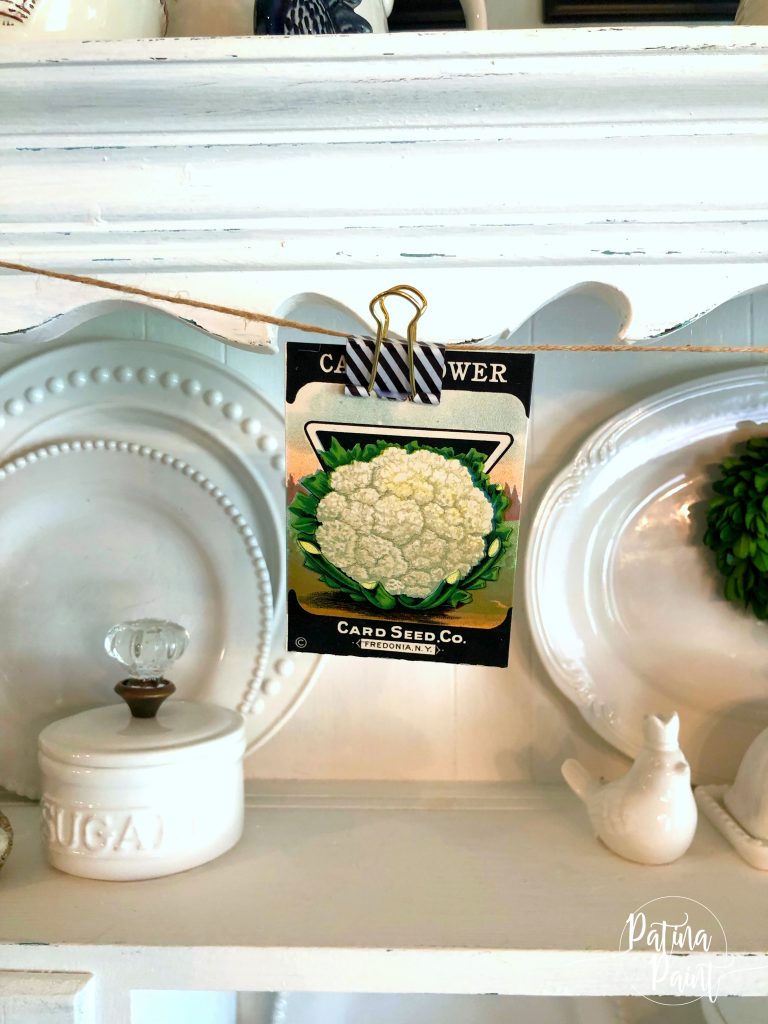 seed packets, hutch, dishes