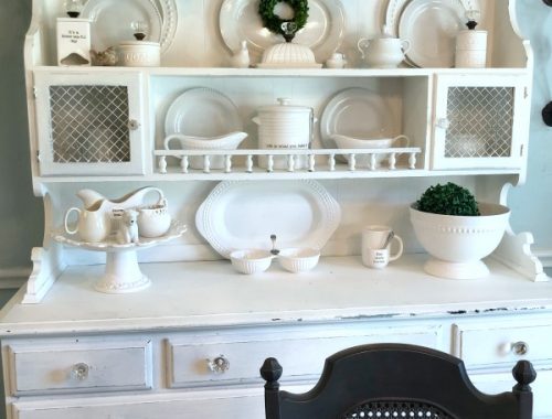 red white and blue banner, white kitchen hutch